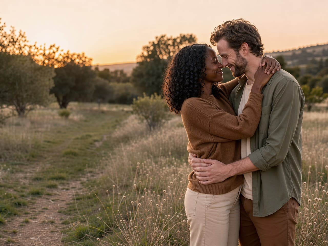 A couple embracing outdoors