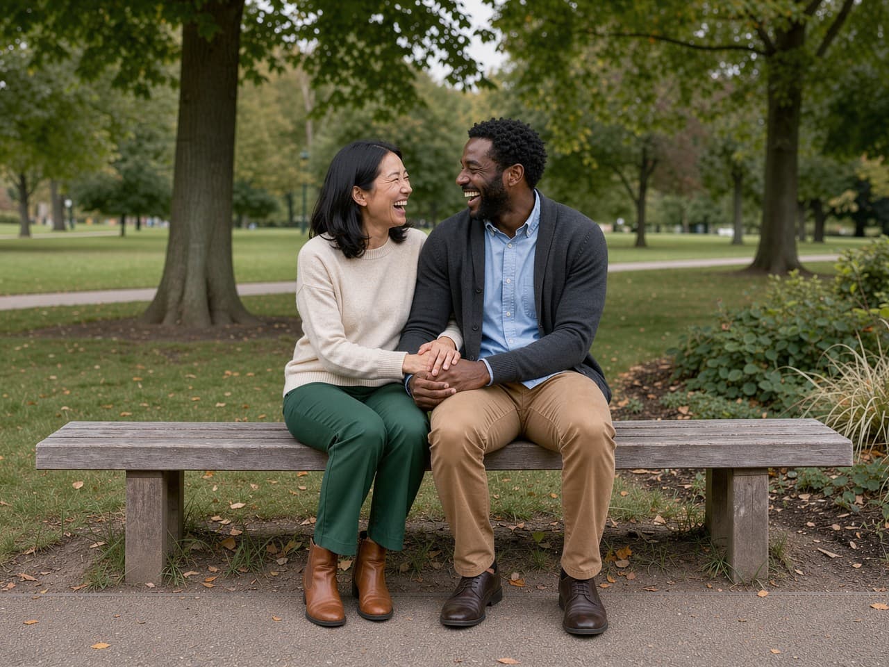 A couple sitting together on a park bench, laughing